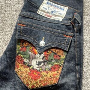 True Religion Black Jeans with Vibrant Embroidery